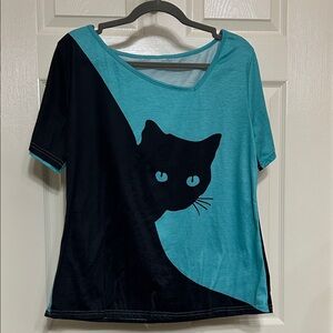 Black Cat Graphic Tee - Teal and Black Asymmetrical Neckline XL Cool Unique Fun